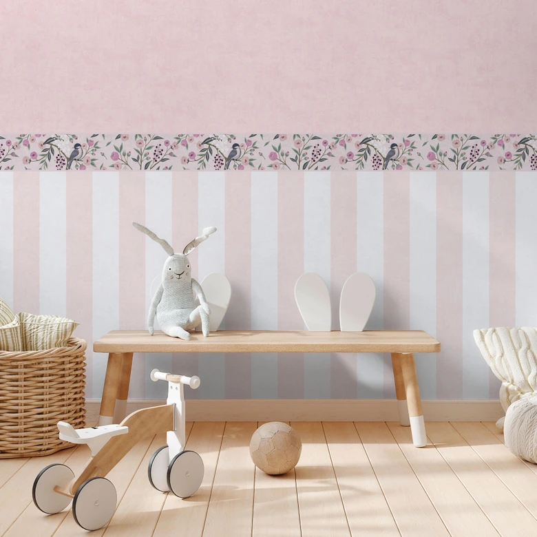 Tapetbård rosa violett med fågel - blomranka & naturmotiv 