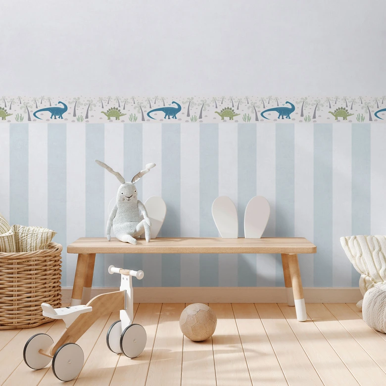Dinosaurier-Borte Kinderzimmer Beige Grün Blau - Deko mit Urzeit-Motiv 