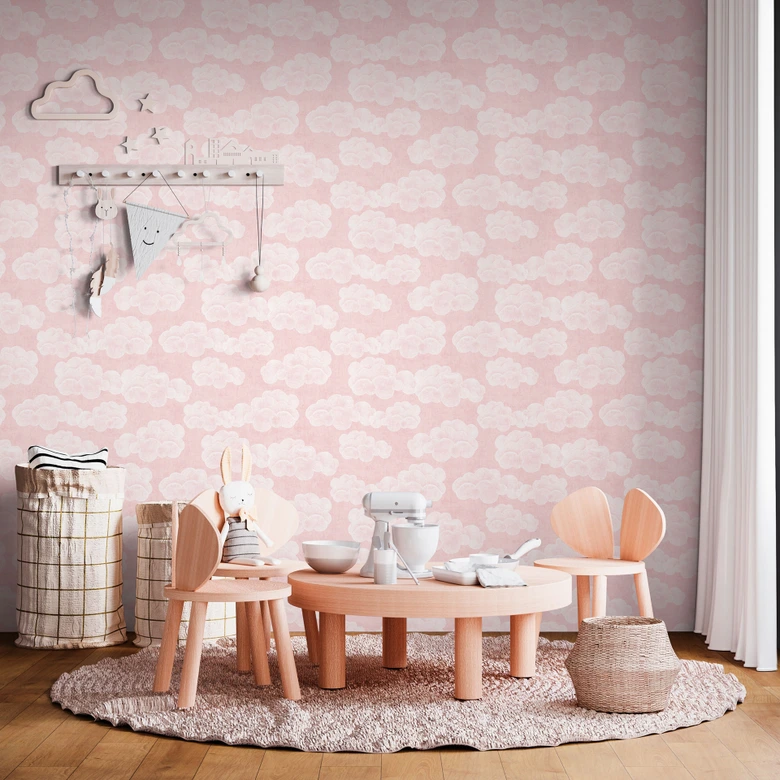 Wolken behang roze wit - kinderkamer behang met hemel motief 