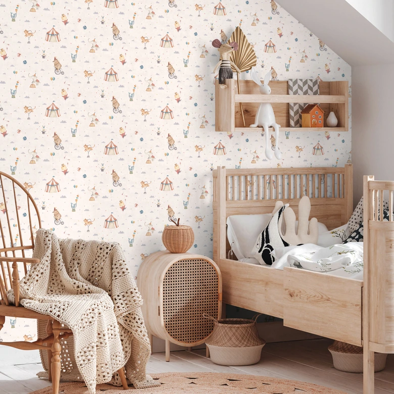 Zirkus-Tapete Hellbeige Bunt - Kinderzimmer Vliestapete mit Zirkustieren & Artistik 