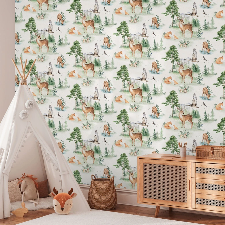 Bosdieren behang aquarel look groen beige - kinderkamer behang dieren 