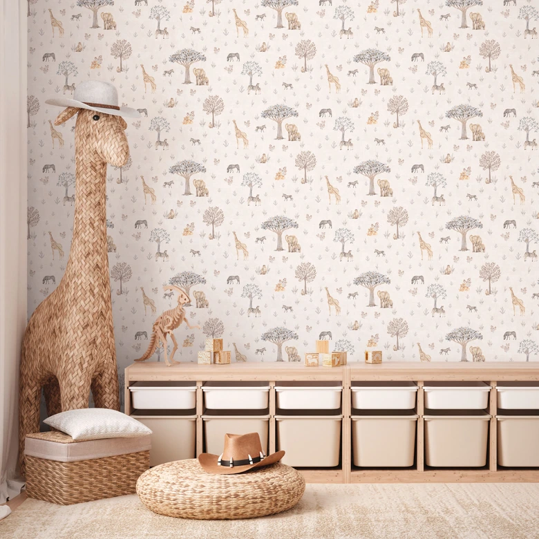 Safari-Tapete Tiere Beige Bunt - Vliestapete mit Giraffe, Zebra & Elefant 