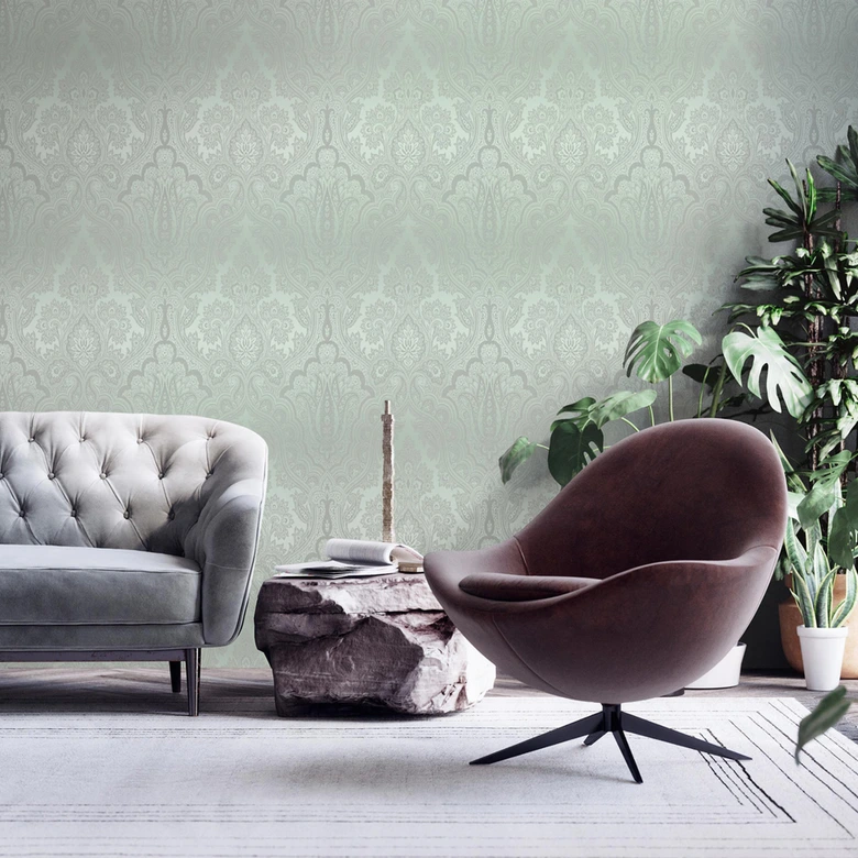 Livingwalls Paisley Tapete My Home My Spa Vliestapete Romantic Home eukalyptus, grün, silber 