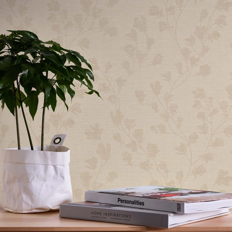 Feuilles papier peint beige - papier peint intissé floral salon 