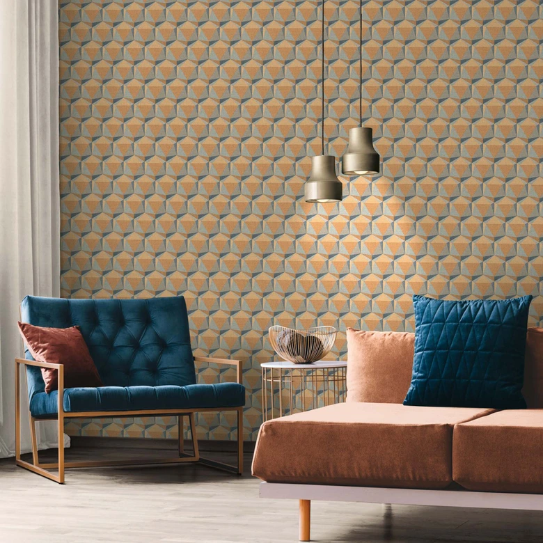 Papier peint 3D design français jaune bleu - papier peint intissé salon 