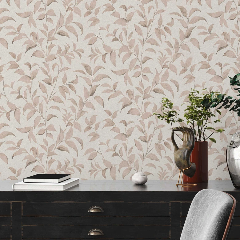 Blad tapet grå vit - blommig non-woven tapet - tapet vardagsrum sovrum kök 