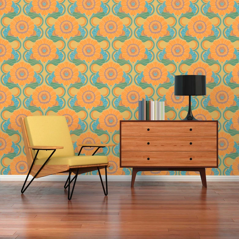 Non-woven tapet färgglad - blommig tapet i retrostil - tapet med vintagemönster 