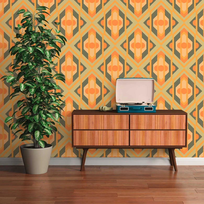 Vliestapete Retro-stil Grün Gelb - Abstrakte Mustertapete - Vintage Tapete 