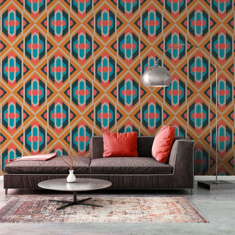 Non-woven wallpaper blue yellow orange pink - abstract pattern wallpaper - vintage wallpaper 