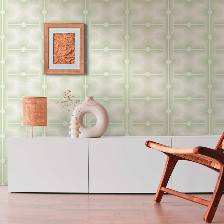 Vintage non-woven wallpaper green cream - retro graphic pattern wallpaper - graphic wallpaper 