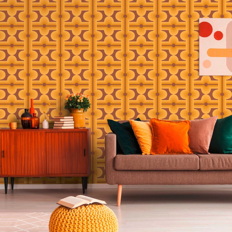 Vintage tapet gulbrun - retro mönster tapet grafisk - grafisk non-woven tapet 