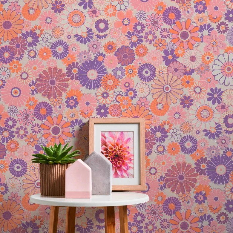 Papier peint fleuri lilas orange - papier peint floral style rétro - papier peint intissé vintage 