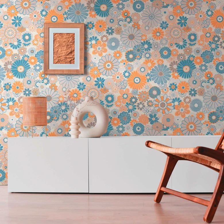 Vintage blommig tapet blå orange - blommig tapet i retrostil - non-woven tapet 