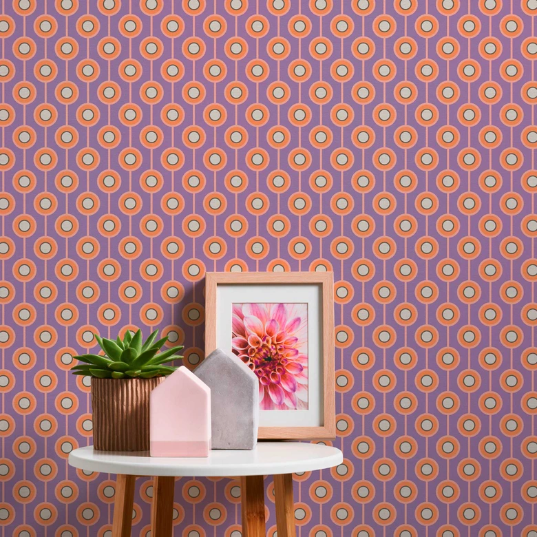 Retro-Look Tapete Lila Orange - gepunktete Vliestapete mit Grafik Muster - Strukturtapete 