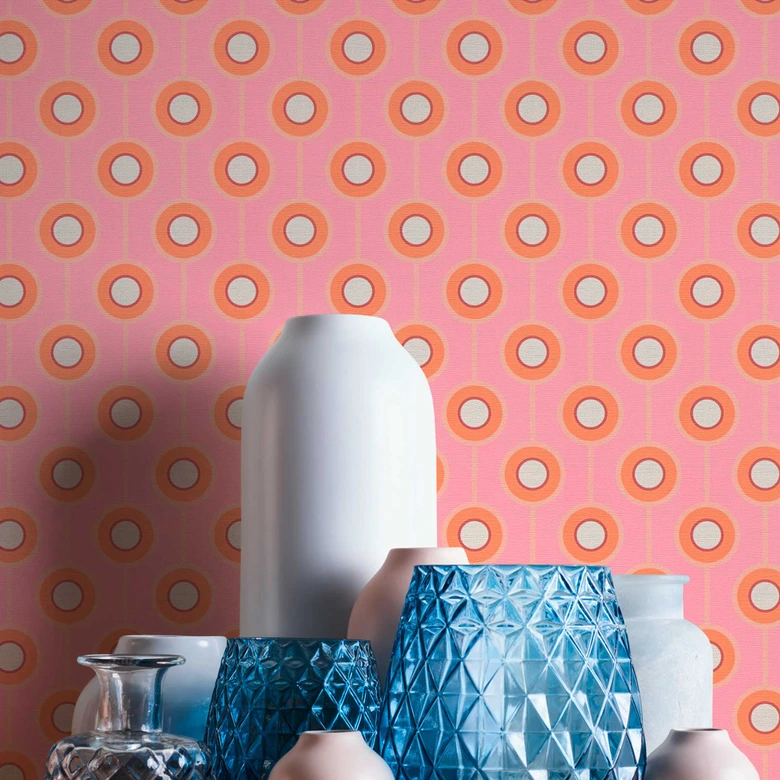 Retro look wallpaper with dots orange pink - non-woven wallpaper with graphic sample - textured peel and stick wallpaper 
