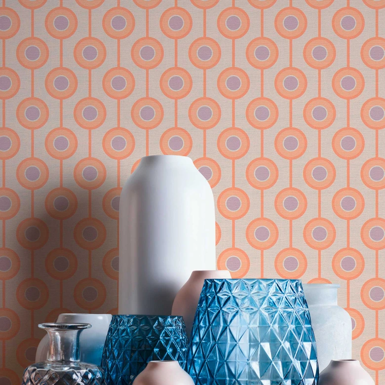 Retro look wallpaper with dots beige orange - non-woven wallpaper with graphic sample - textured peel and stick wallpaper 