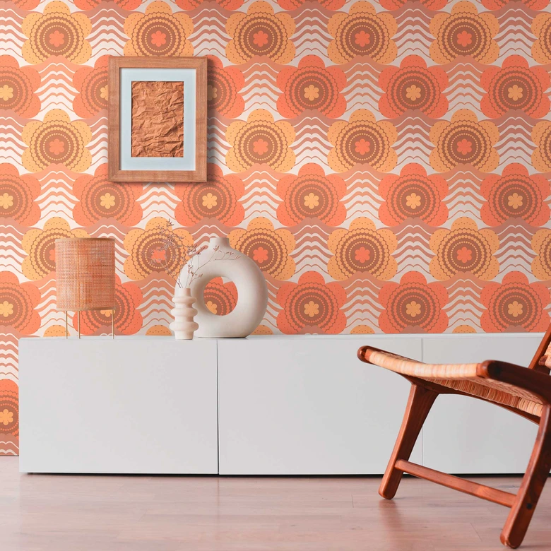 Non-woven wallpaper with flowers brown orange - floral retro wallpaper - vintage wallpaper 