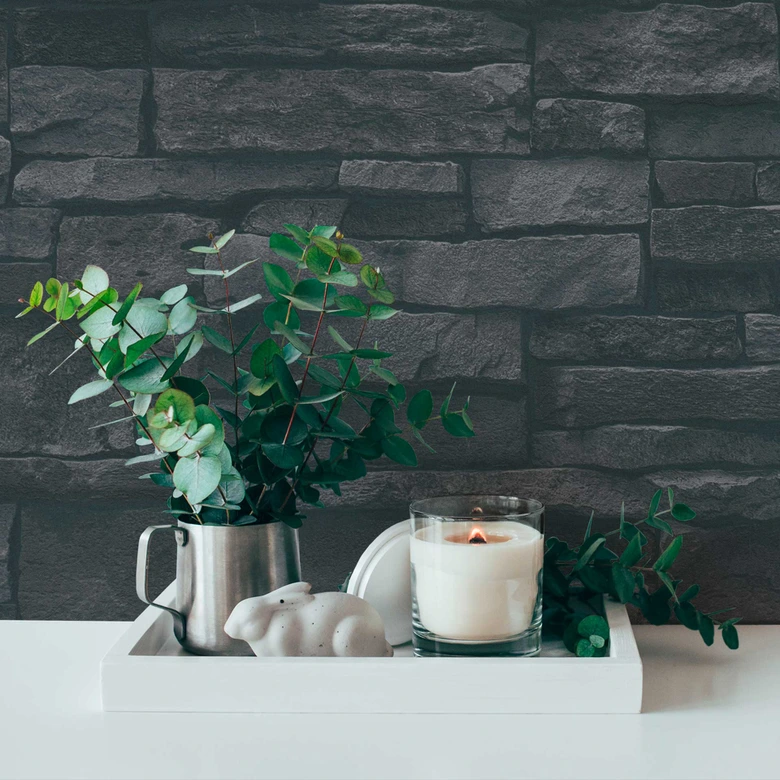 steen optiek behang zwart - 3D steen behang - vliesbehang slaapkamer hal 