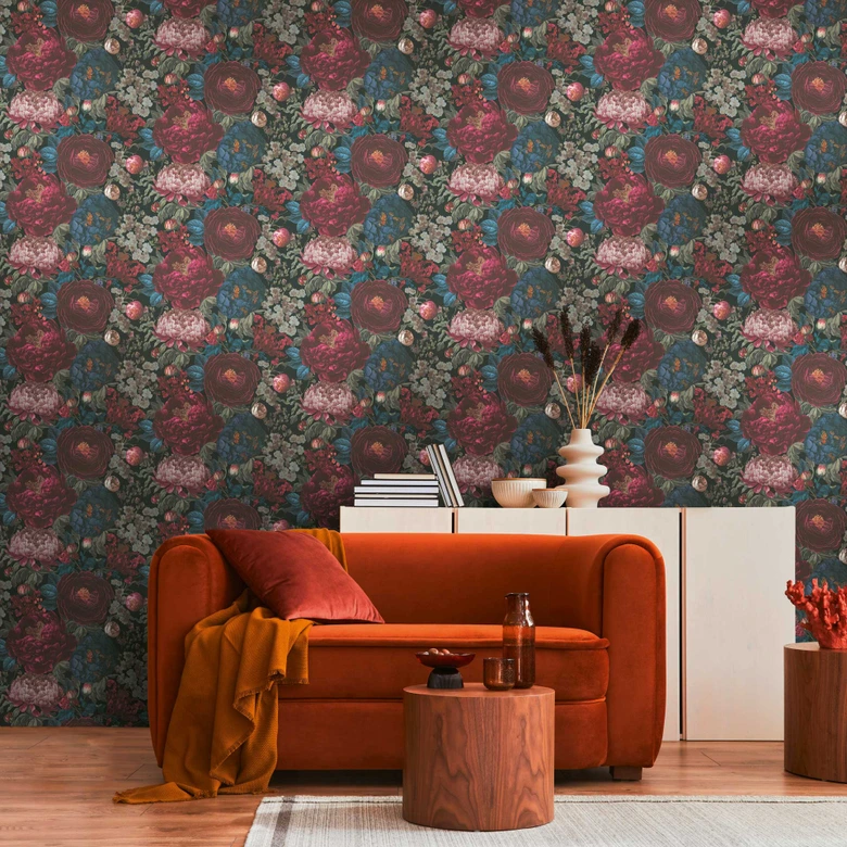 Papier peint floral avec pivoines noir bordeaux - papier peint à fleurs 