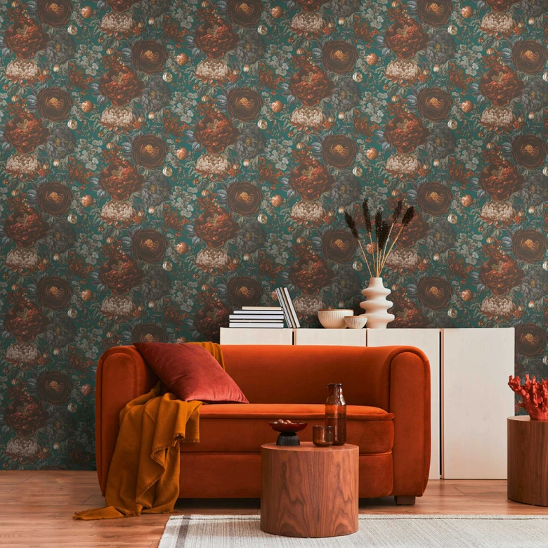 Floral wallpaper with peonies petrol brown - non-woven wallpaper vintage style 