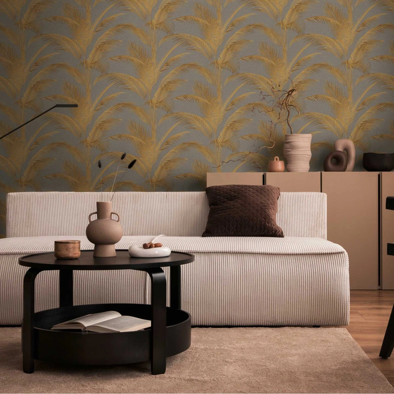 Grey gold palm tree wallpaper - non-woven wallpaper with a sophisticated sheen and tropical design 