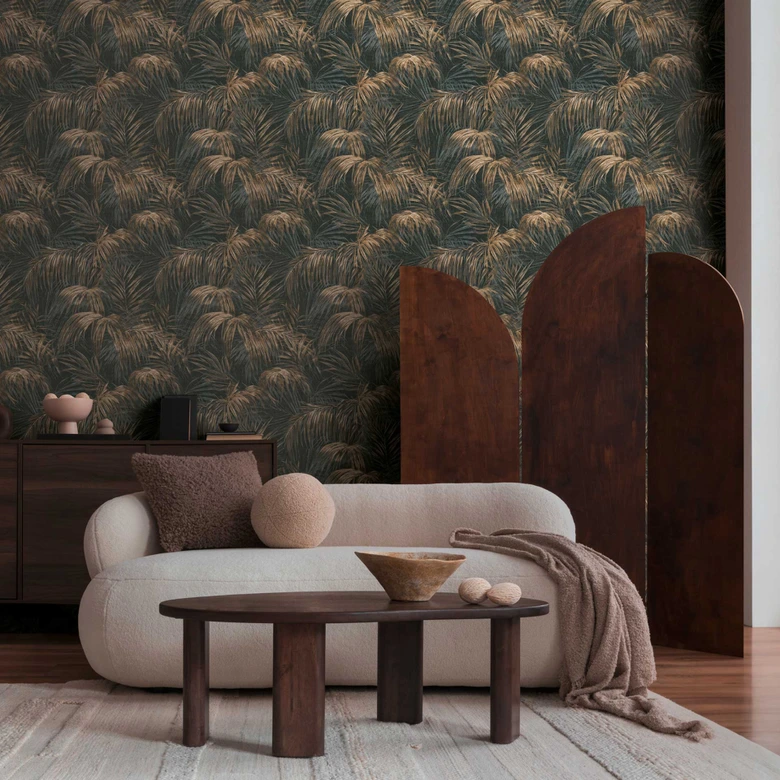 Black and gold palm tree wallpaper - non-woven wallpaper with a tropical sample and elegant sheen 