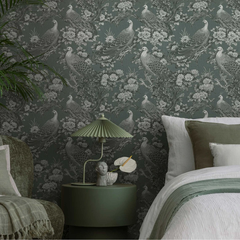 Bird wallpaper gray black - non-woven wallpaper with exotic peacocks and floral motif 