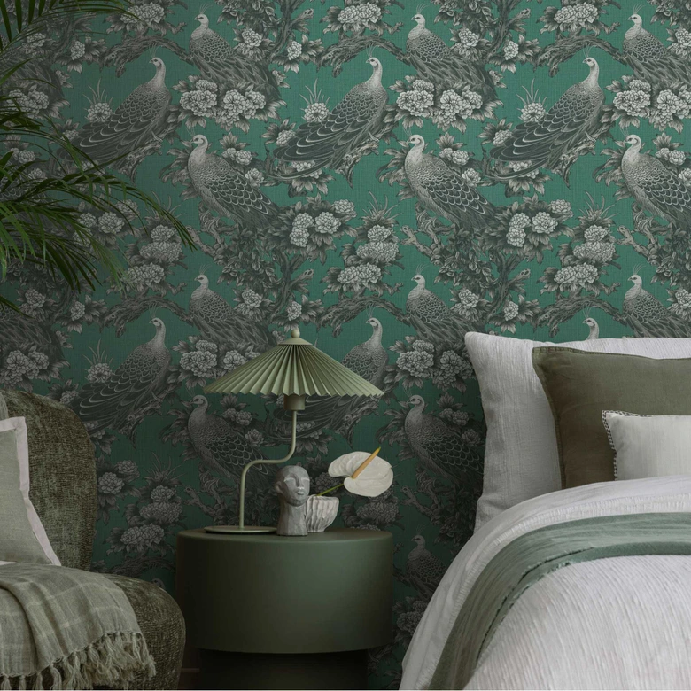 Bird wallpaper green black - non-woven wallpaper with exotic peacocks and floral samples 