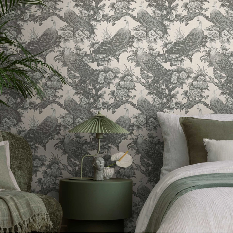 Fugletapet creme grå - Ikke-vævet tapet med påfugle og blomstermønstre i et vintage-look 