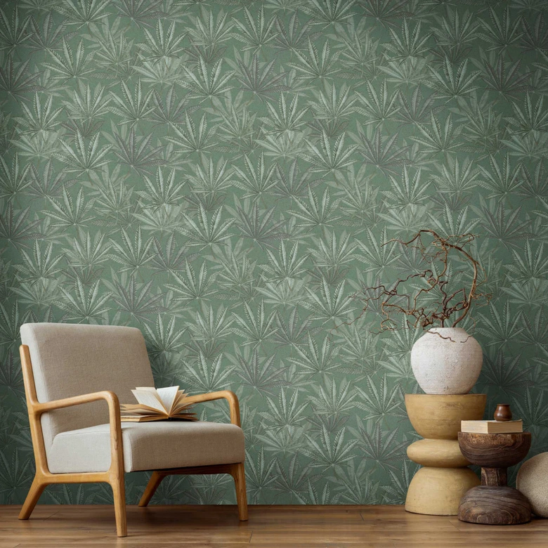 Green leaf wallpaper - non-woven wallpaper with a large leaf pattern in a natural style 