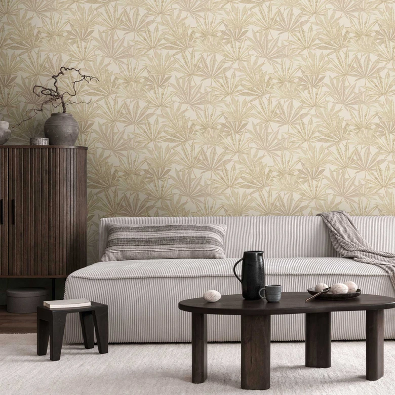 Leaves wallpaper beige cream - non-woven wallpaper with large leaf pattern in natural tones 