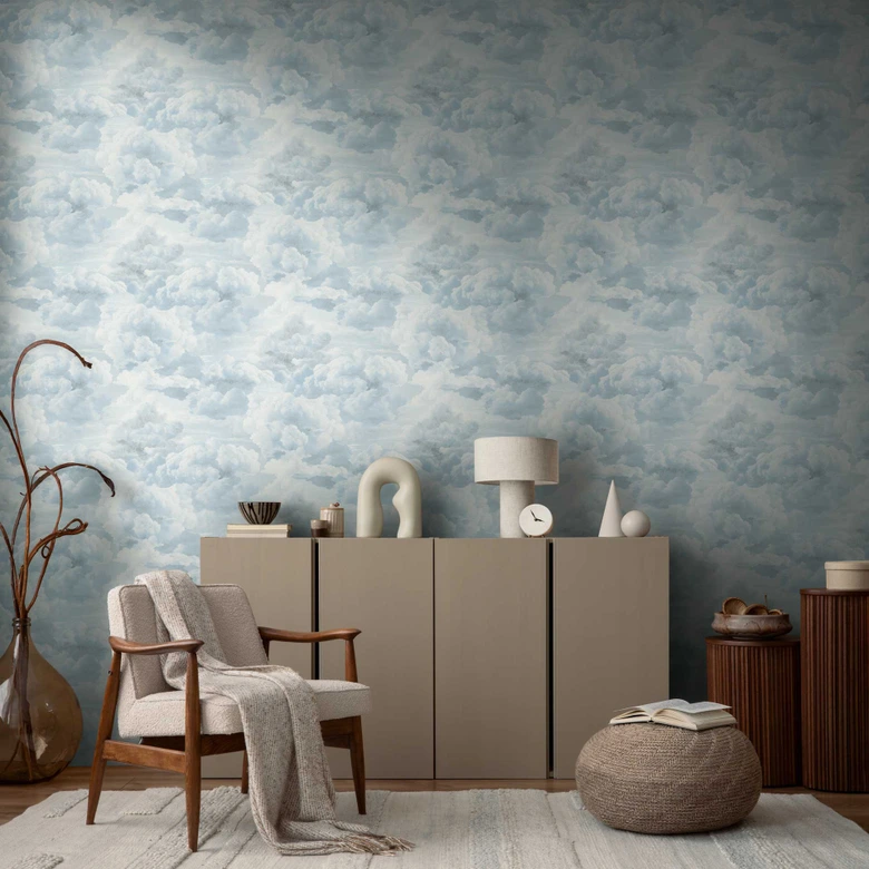 Blue and white cloud wallpaper - non-woven wallpaper with a soft sky motif 