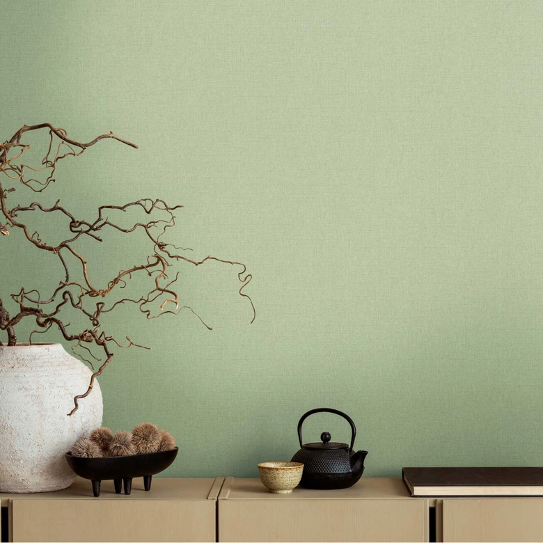 Papier peint uni vert sauge aspect lin - vinyle expansé pour une élégance intemporelle 