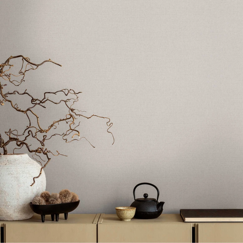 Papier peint uni aspect lin crème - vinyle expansé intemporel & élégant 