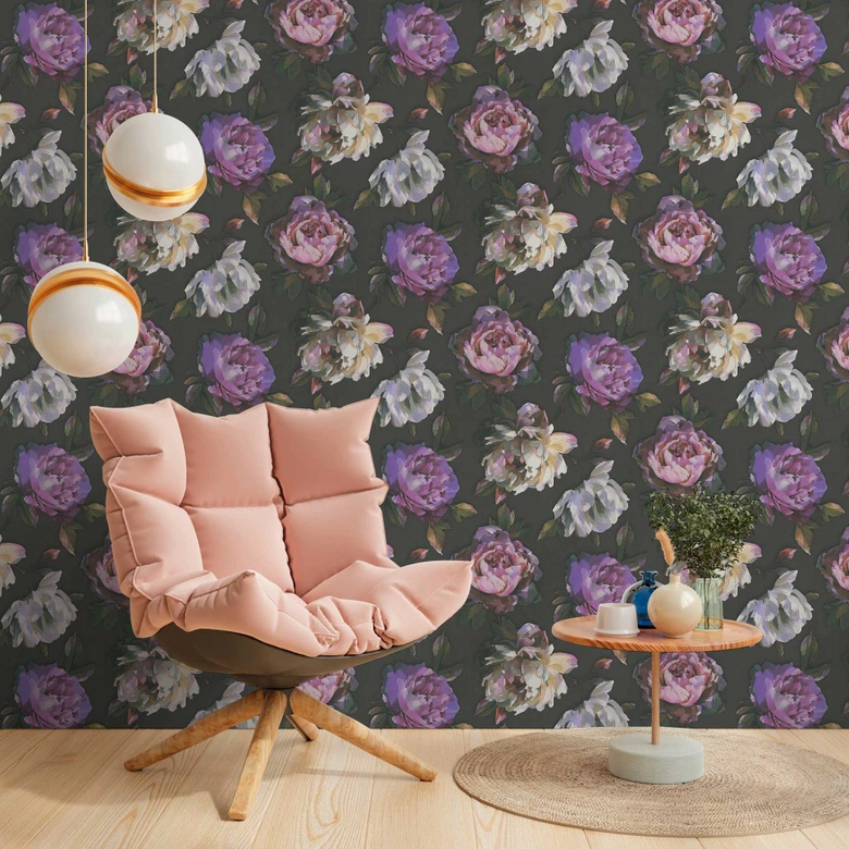 Florale Tapete mit Pfingstrosen Schwarz Lila – Elegante Blumentapete – Vliestapete 