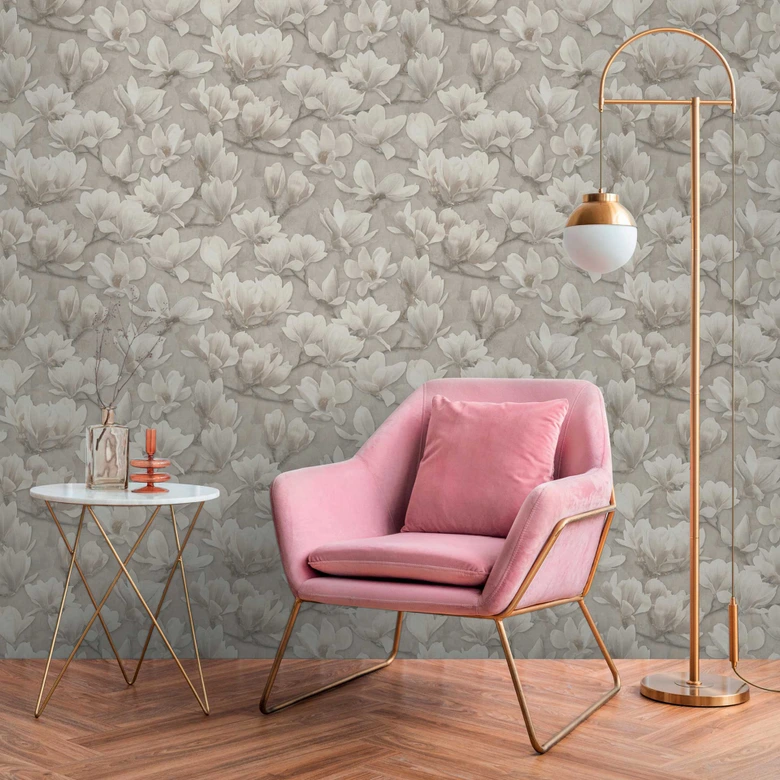 Papel pintado Magnolia beige crema - Papel pintado no tejido con motivo floral - Papel pintado floral 