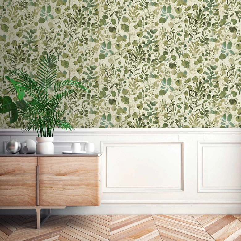 Tapeta roślinna akwarela zielona biała - Tapeta z włókniny z motywem liści - tapeta w kwiaty 