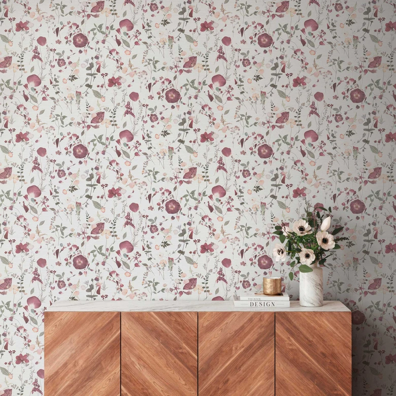 Florale Tapete Blumen Aquarell - Vliestapete in Lila Grün Beige - Romantische Blumentapete 