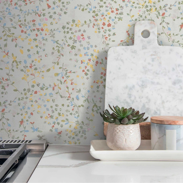 Florale Tapete Blumenranken Aquarell - Vliestapete in Gelb Grün Blau - Romantische Mustertapete 