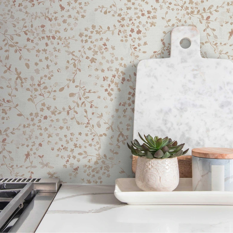 Blommig tapet blad rankor akvarell - Icke-vävd tapet i beige brun - tapet med naturligt mönster 