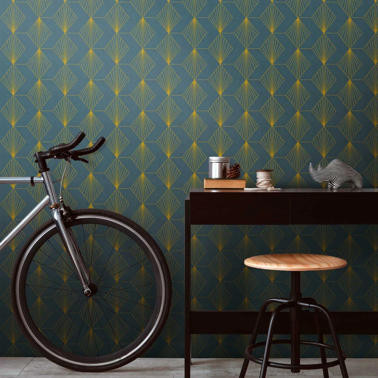 Geometrische Art Deco-Tapete Dunkelblau Gold - Mustertapete modern - Vliestapete 