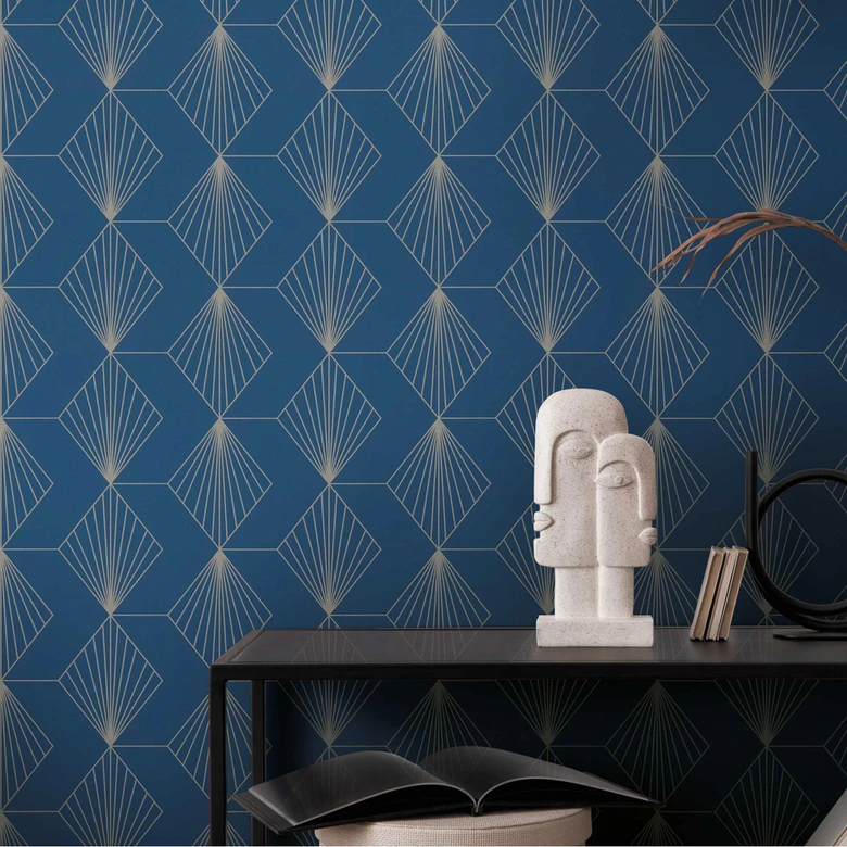 Geometrische Art Deco-Tapete Blau Silber - Mustertapete modern - Vliestapete 