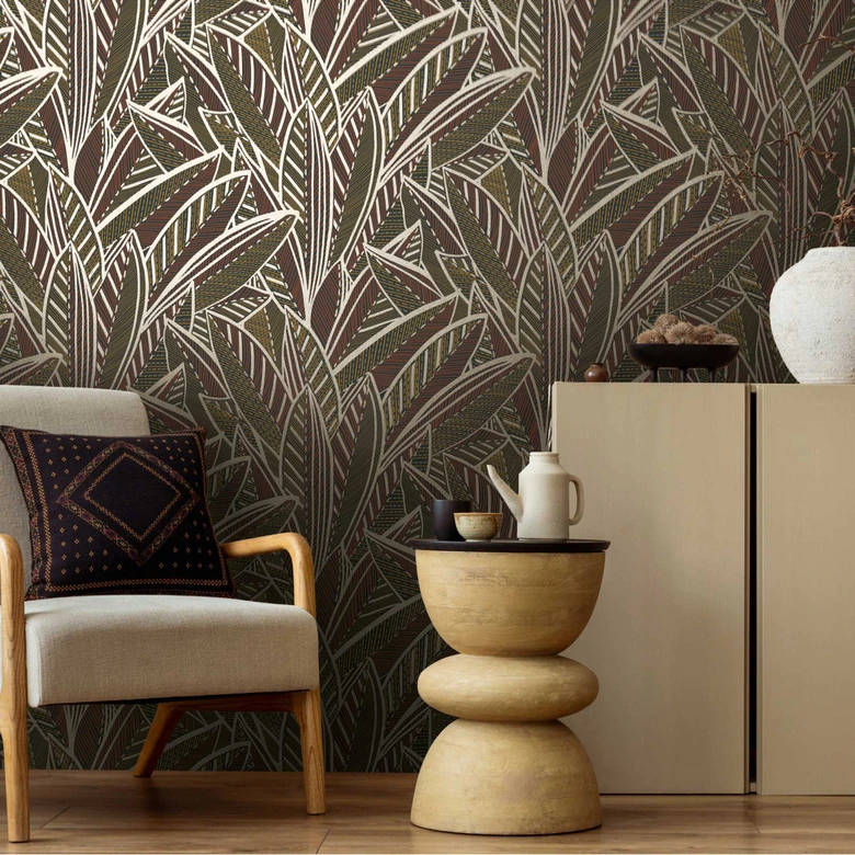 Djungel tapet med bladmönster brun svart guld - exotisk Icke-vävd tapet modern 