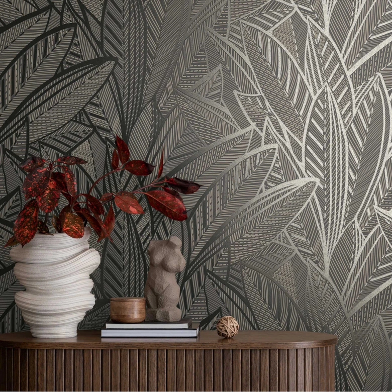 Dschungel-Tapete mit Blattmuster Schwarz Grau – Moderne Vliestapete elegant & ausdrucksstark 