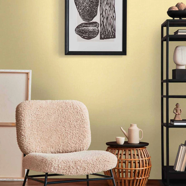 Papel pintado simple con textura de lino amarillo vainilla - papel pintado no tejido liso para salón y cocina 