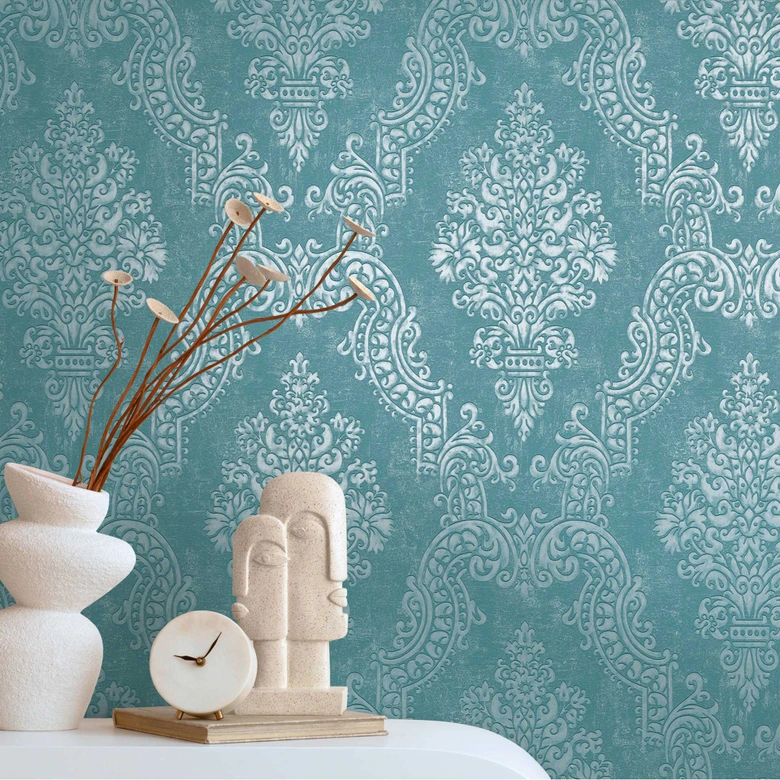 Papel pintado azul turquesa ornamental barroco - Papel pintado no tejido clásico con relieve - Papel pintado de muestra  