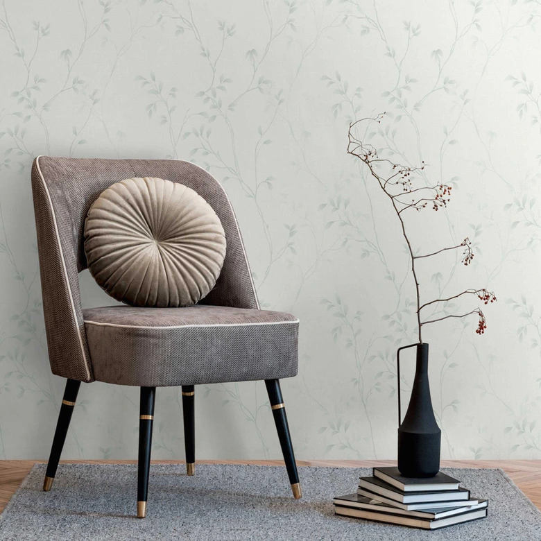 Papel pintado menta blanca enredadera floral - Papel pintado no tejido con un delicado motivo de hojas  