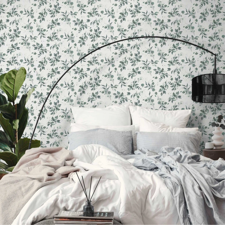 Florale Aquarell-Tapete Grün Grau – Vliestapete mit Blättern – Botanisches Muster 