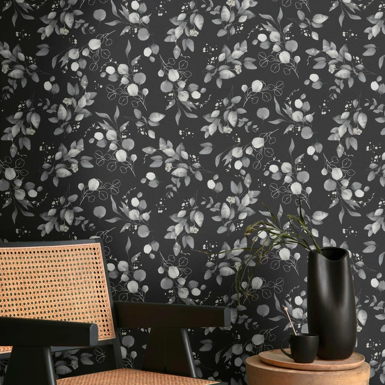 Florale Aquarell-Tapete Schwarz Grau – Vliestapete mit Blättern – Elegantes Naturmotiv 