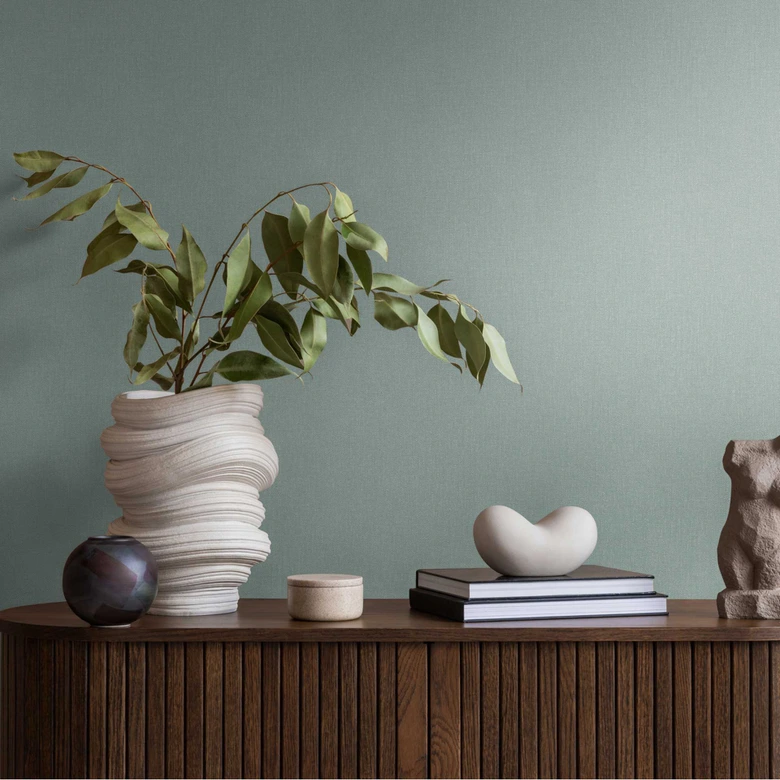 Unitapete mit Leinen-Optik Salbeigrün – Einfarbige Vliestapete – Strukturtapete modern 